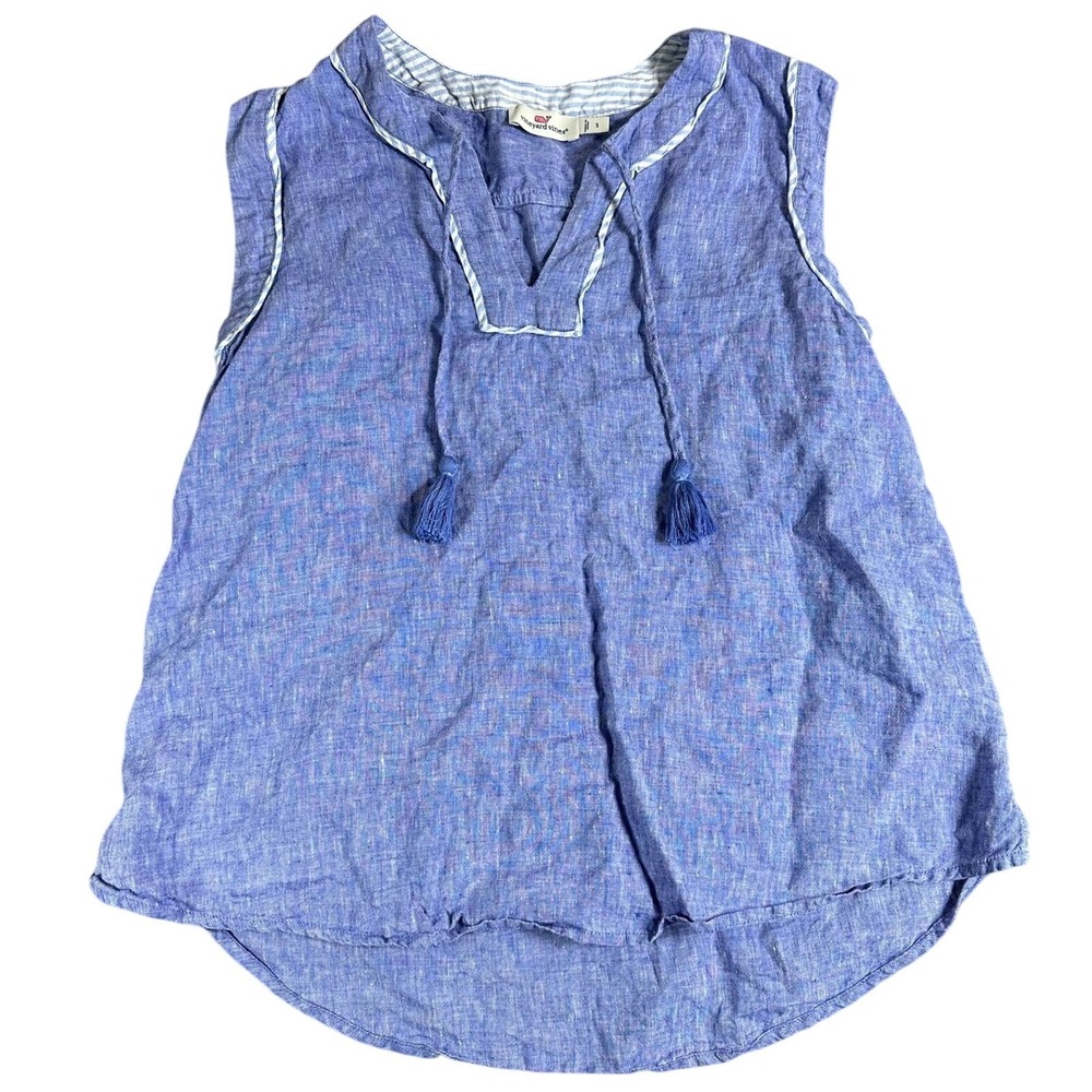 Vineyard Vines Periwinkle Linen Blend Sleeveless Tassel V Neck Tunic Top Size S